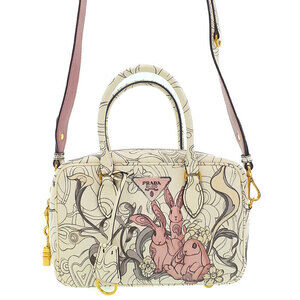 Prada James Jean Glace Calfskin Rabbit Print Bauletto White